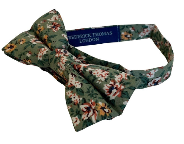 Sage green, light olive stencil english wild-flower cotton child's bow tie